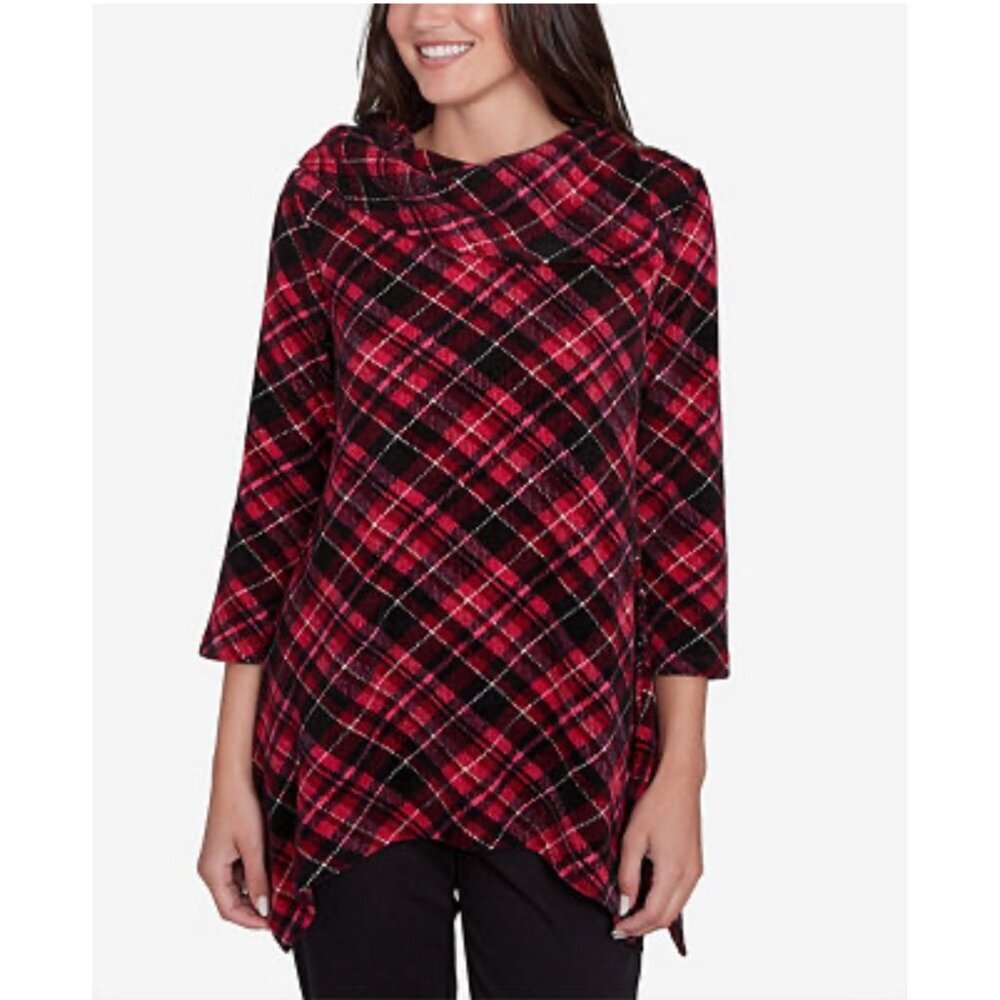 Ruby Rd Petite Medium Red & Black Plaid Cowl Neck Asymmetrical Hem Top  NWT
